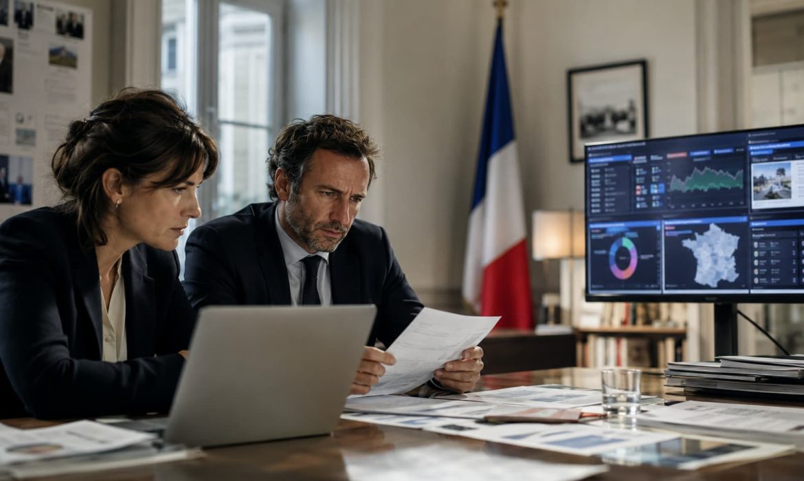 Homme et femme travaillant sur un mandat de communication politique avec l'aide de l'intelligence artificielle
