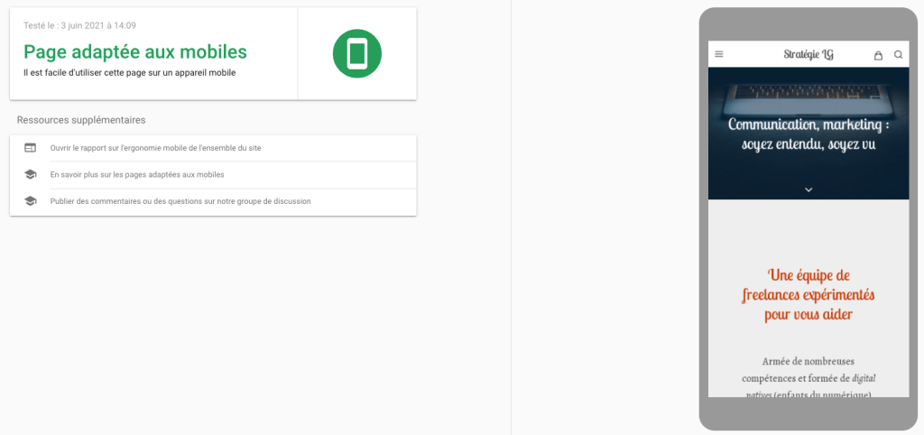Vérifier si un site est optimisé pour les mobiles avec le Test Mobile-Friendly de Google. 