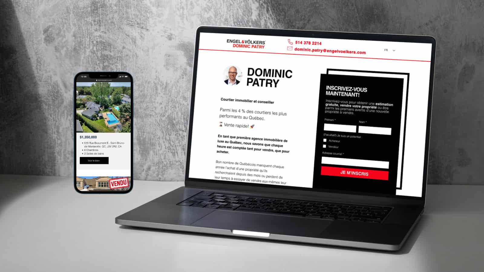 Mockup montrant le site Internet d'agent immobilier créé pour Engel Volkers