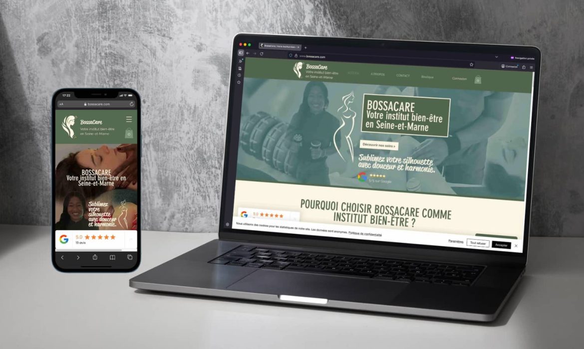 Mockup du site Internet de Bossacare, institut de bien-être en Seine-et-Marne