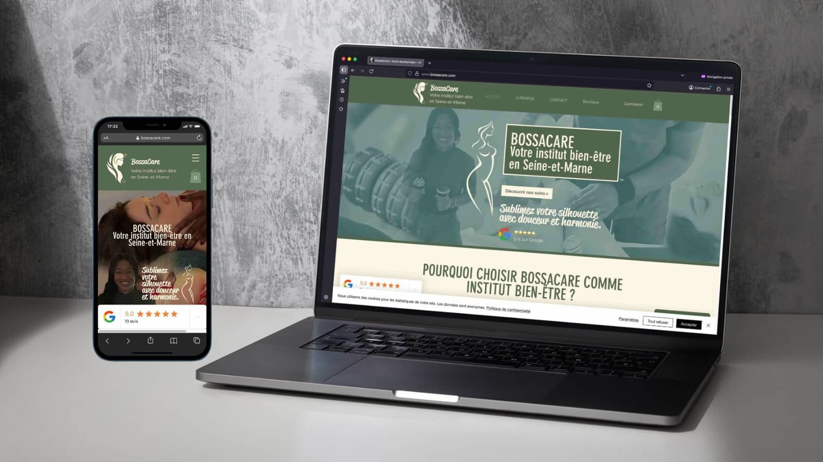 Mockup du site Internet de Bossacare, institut de bien-être en Seine-et-Marne