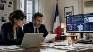 intelligence-artificielle-communication-politique Homme et femme travaillant sur un mandat de communication politique avec l'aide de l'intelligence artificielle