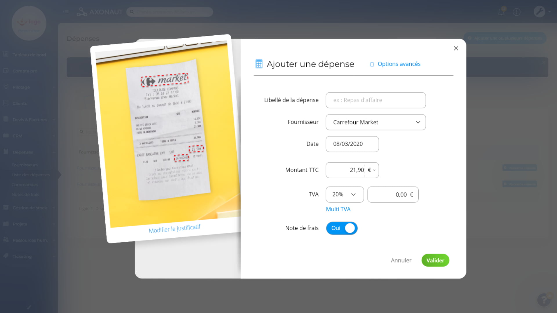 Capture d'écran du traitement d'une dépense dans Axonaut (facture d'achat)